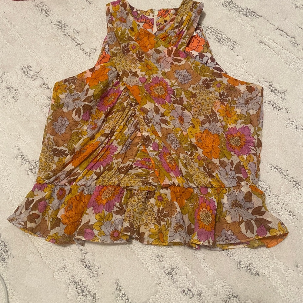 Veronica Beard Floral Ruffled Sleeveless Top in Orange, Pink, Brown